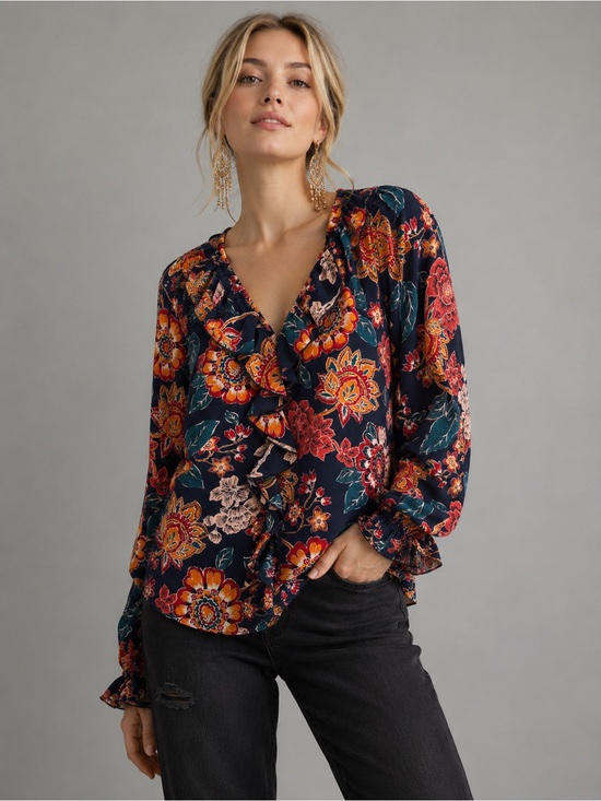 Democracy Tops - Democracy Floral Longsleeve Vneck Ruffle Peasant Blouse X-Large